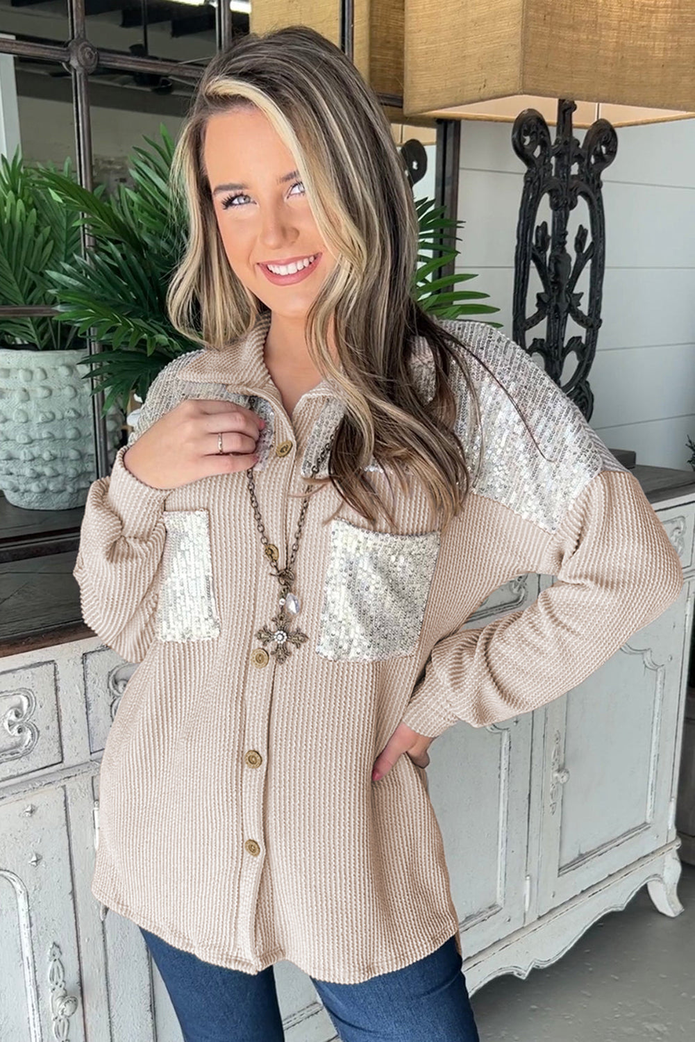 EB | Rippierte Hemdbluse mit Silber Pailletten Polyester-mischung Elegant und Festlich