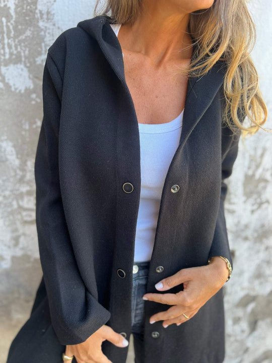 EB | Lange Jacke Wollmischung Knopfverschluss mit Kapuze Bequeme Passform