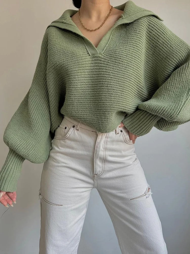 EB | Gemütlicher Strickpullover mit Laternenärmeln und Offenem Kragen