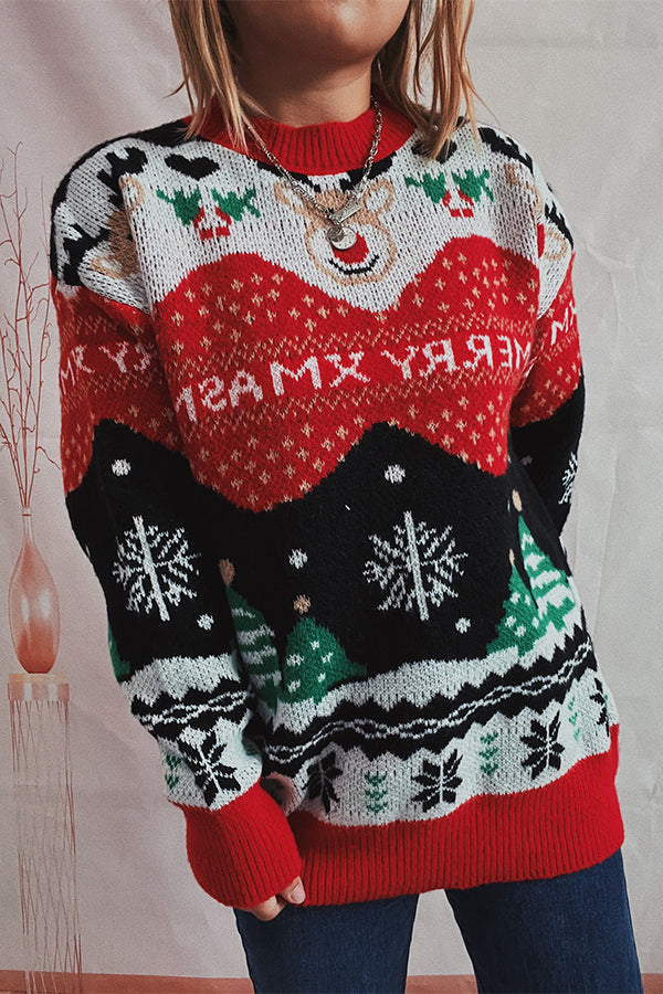 EB | Weihnachtsmuster Gestrickter Rundhalsausschnitt Langarmpullover
