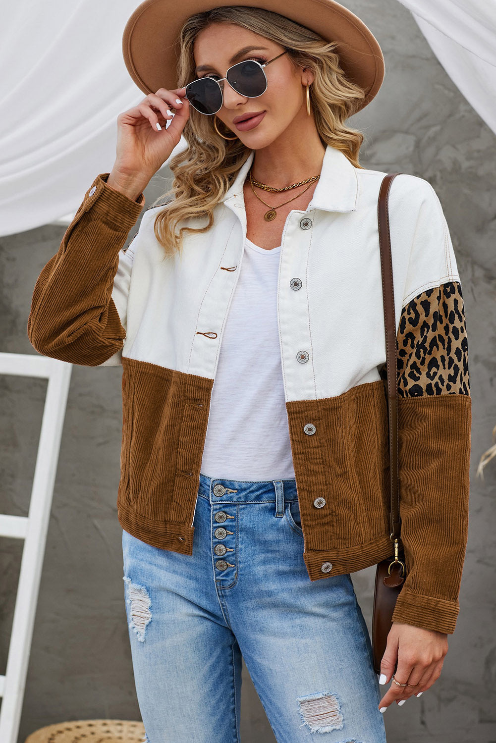 EB | Leopard Farbblock Knopfleiste Cord Baumwolljacke