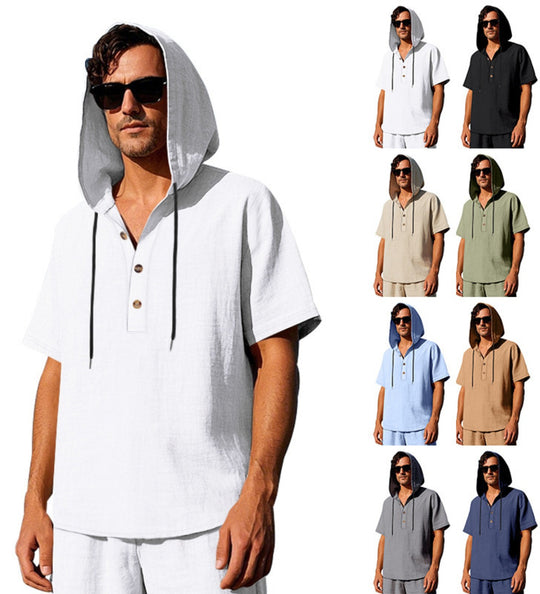 EB | Leinen-Knopf-Strand-Kapuzen-Henley-Shirt