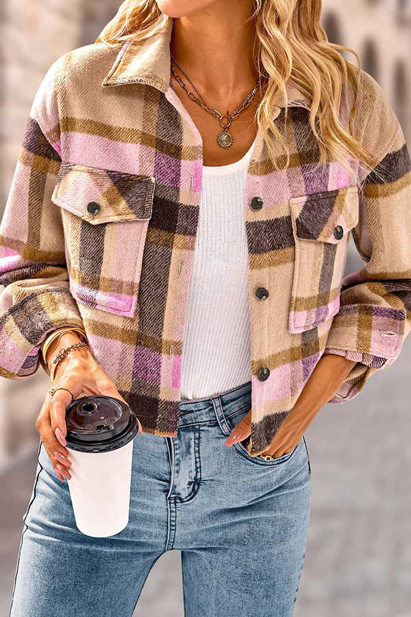EB | Pocket Fashion Casual Cropped Damen Karierte Jacke