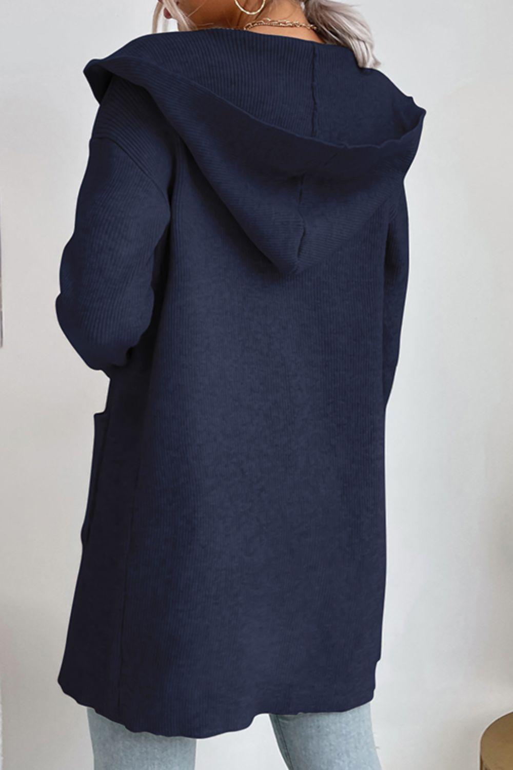 EB | geripptes offen-front Cardigan mit Kapuze und Taschen