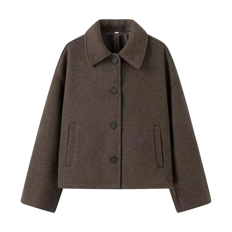 EB | Elegante Braune Übergröße Jacke mit Reverskragen und Knöpfen