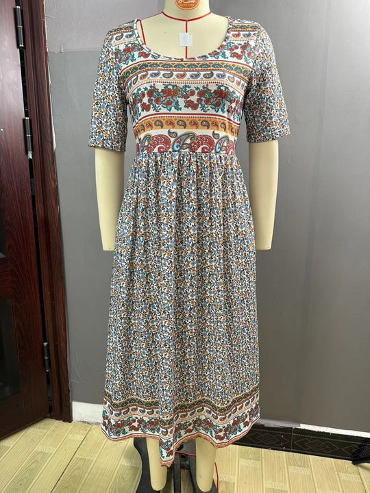 EB | Rundhalsausschnitt Kurzarm Bohemian Print Kleid Frauen