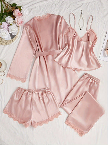 EB | Satin 4-teiliger Pyjama-Set mit Spitzenbesatz für Frauen - Ideal für alle Jahreszeiten