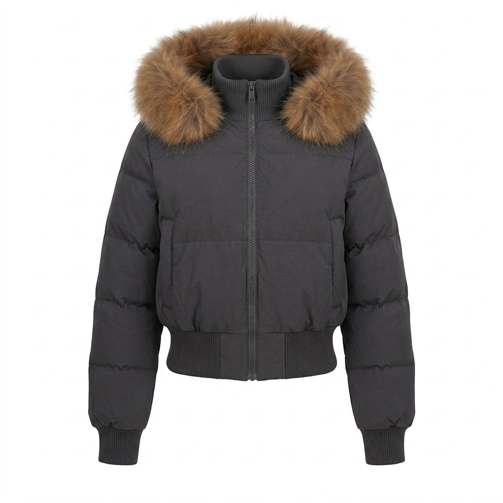 Damen nan kurzer wattierter Kapuzenpuffer mit voluminöser Kunstfellblende, Rippbündchen und wärmender Thermofüllung EB