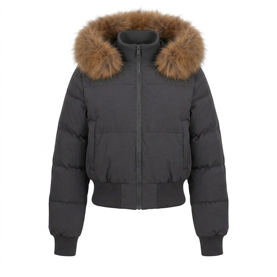 Damen nan kurzer wattierter Kapuzenpuffer mit voluminöser Kunstfellblende, Rippbündchen und wärmender Thermofüllung EB