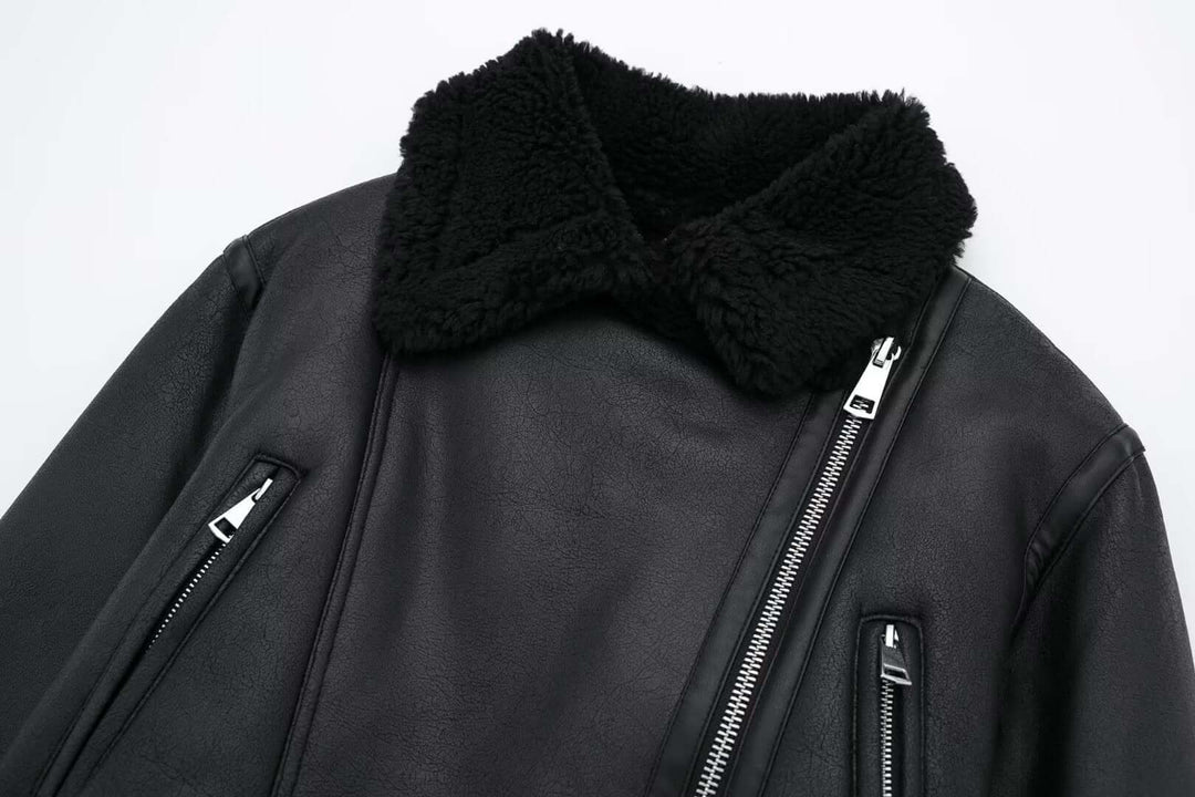EB | Damen Faux-Lederjacke mit Pelzkragen