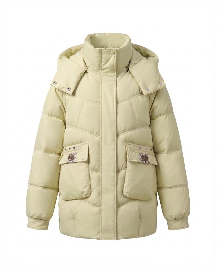 Damen nan mittel-langer wattierter Parka mit hoher Stehkragen-Blende, verstaubarer Kapuze und großen Cargo-Taschen EB