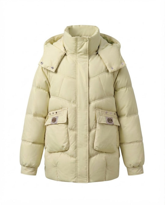 Damen nan mittel-langer wattierter Parka mit hoher Stehkragen-Blende, verstaubarer Kapuze und großen Cargo-Taschen EB