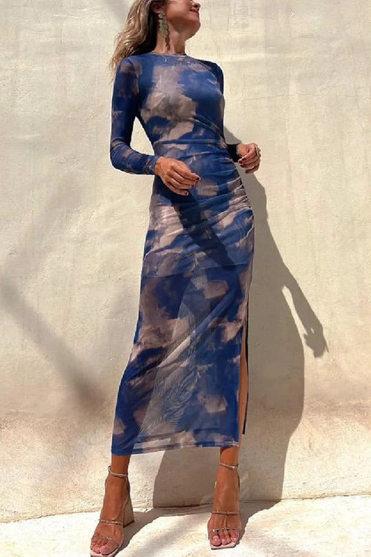 EB | Charm Lady Mesh Overlay Tie Dye Print Langarm Rüsch Stretch Midi Kleid