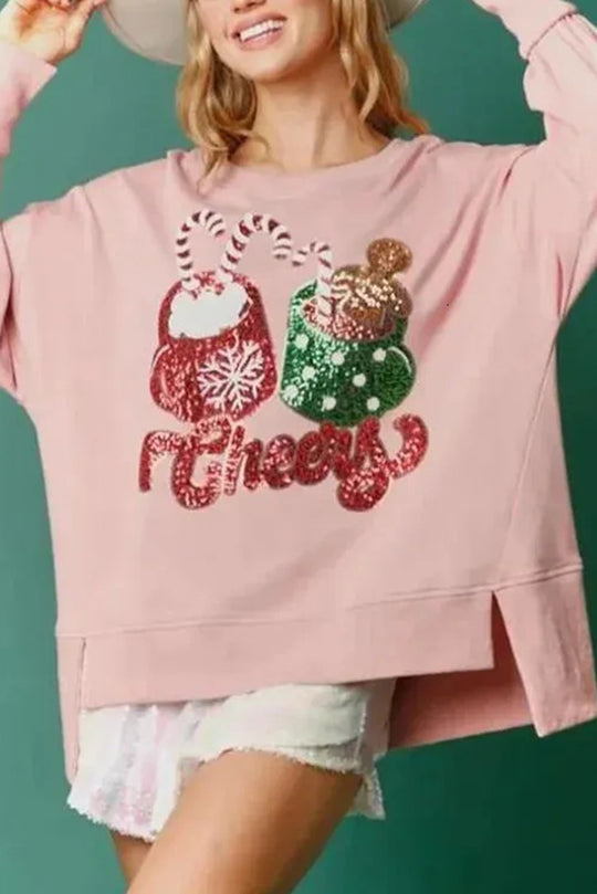 EB | Weihnachts Süßigkeiten Tasse Pailletten Lässiger Lockere Sweatshirt