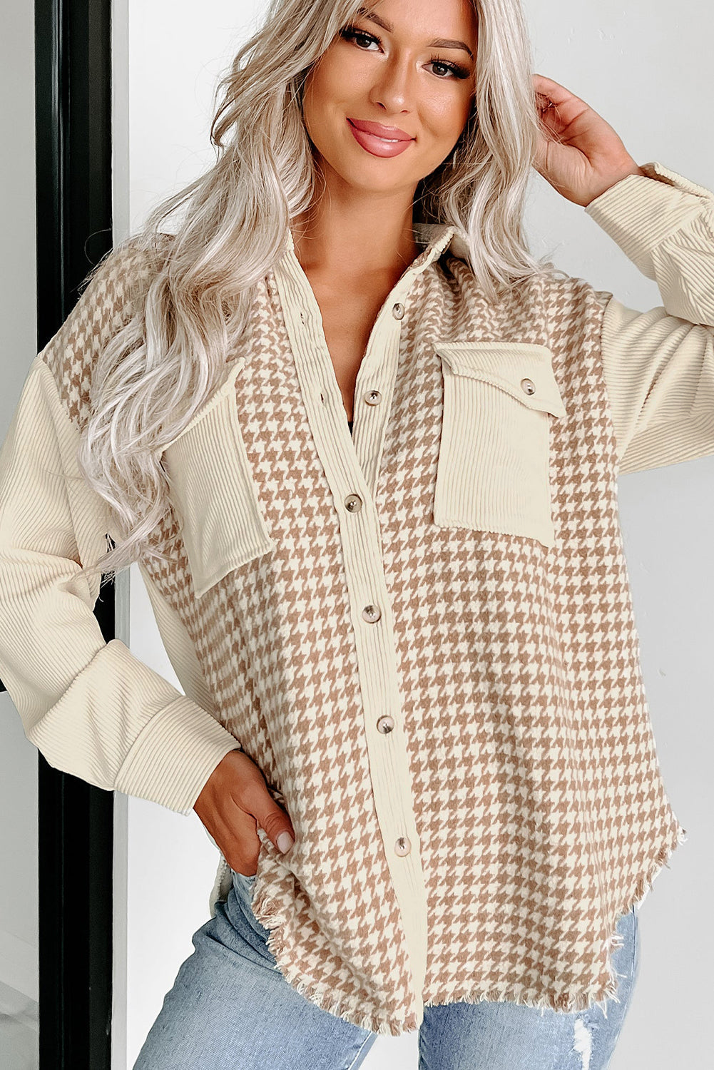 EB | Hundezahn Muster Hemdjacke Baumwollmischung Trendy und Komfortabel