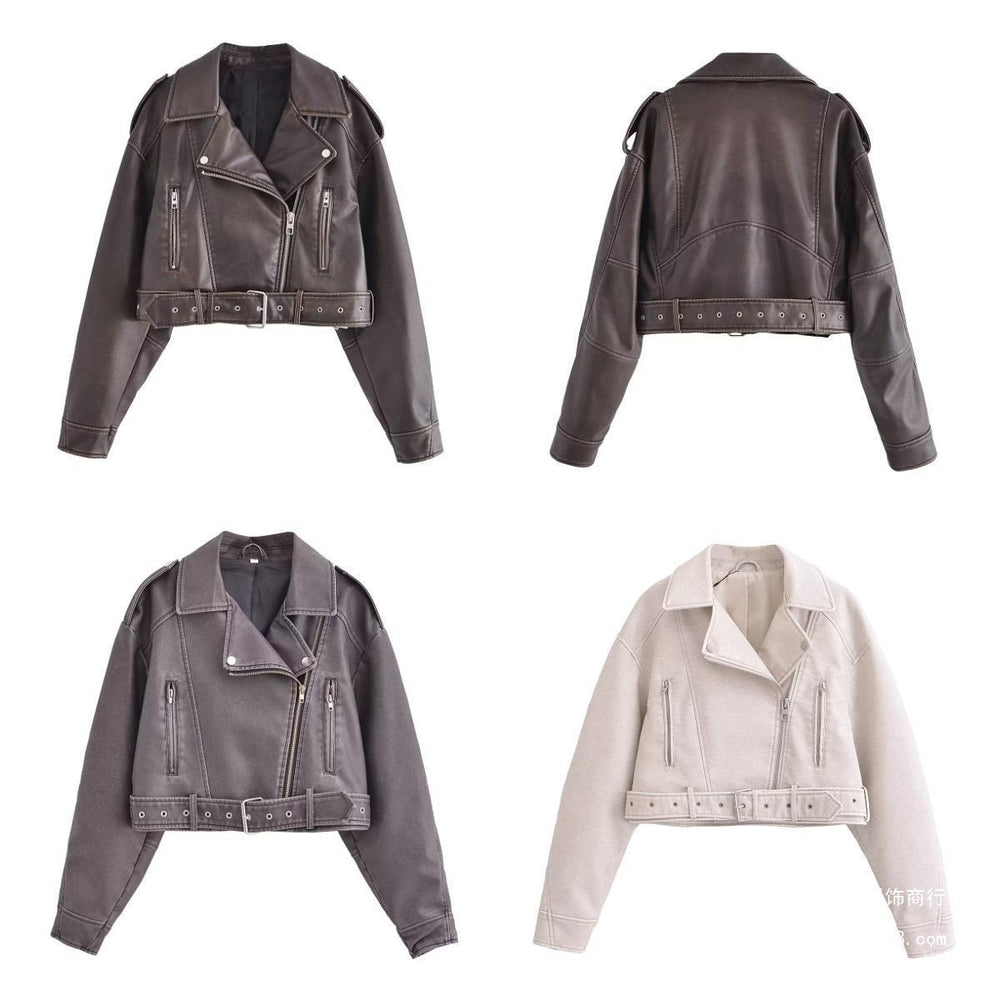 EB | Damen PU Motorradjacke mit Reißverschluss und Gürtel