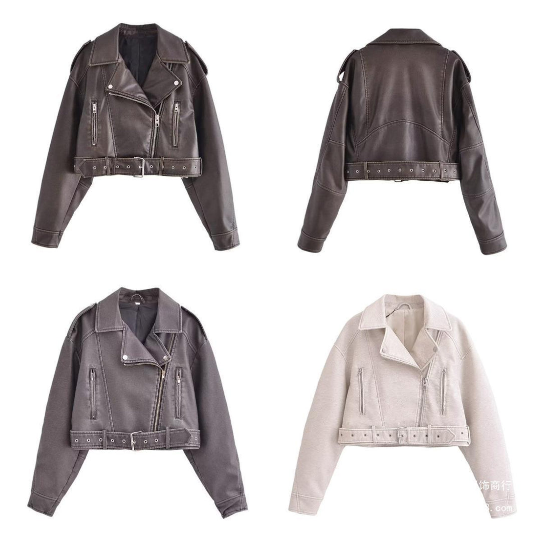 EB | Damen PU Motorradjacke mit Reißverschluss und Gürtel