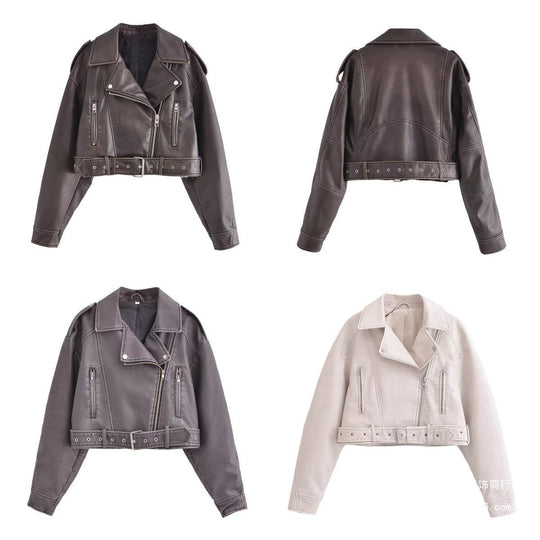 EB | Damen PU Motorradjacke mit Reißverschluss und Gürtel