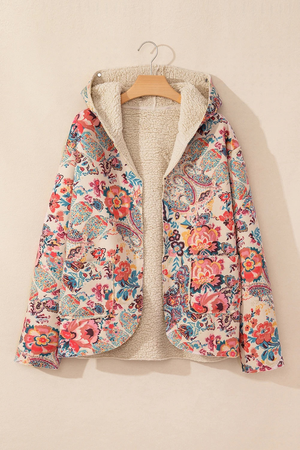 EB | Vintage Paisley Blumenbedruckte Sherpa Futter Kapuzenjacke