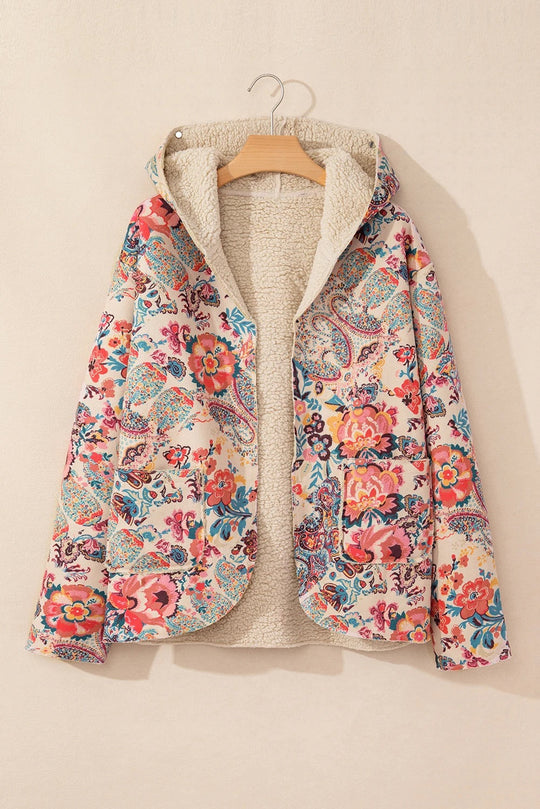 EB | Vintage Paisley Blumenbedruckte Sherpa Futter Kapuzenjacke