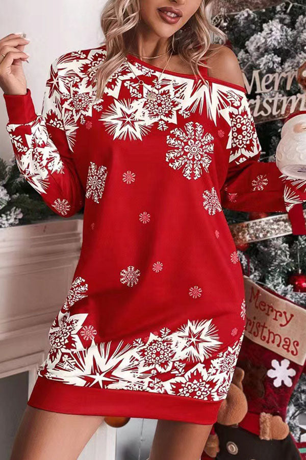 EB | Weihnachts-Schneeflocke Kalt-Schulter Lockeres Sweatshirt Mini Kleid