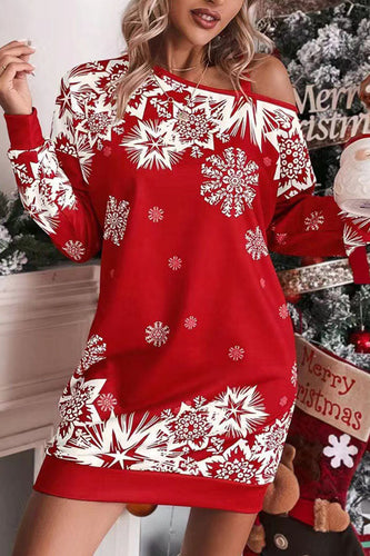 EB | Weihnachts-Schneeflocke Kalt-Schulter Lockeres Sweatshirt Mini Kleid
