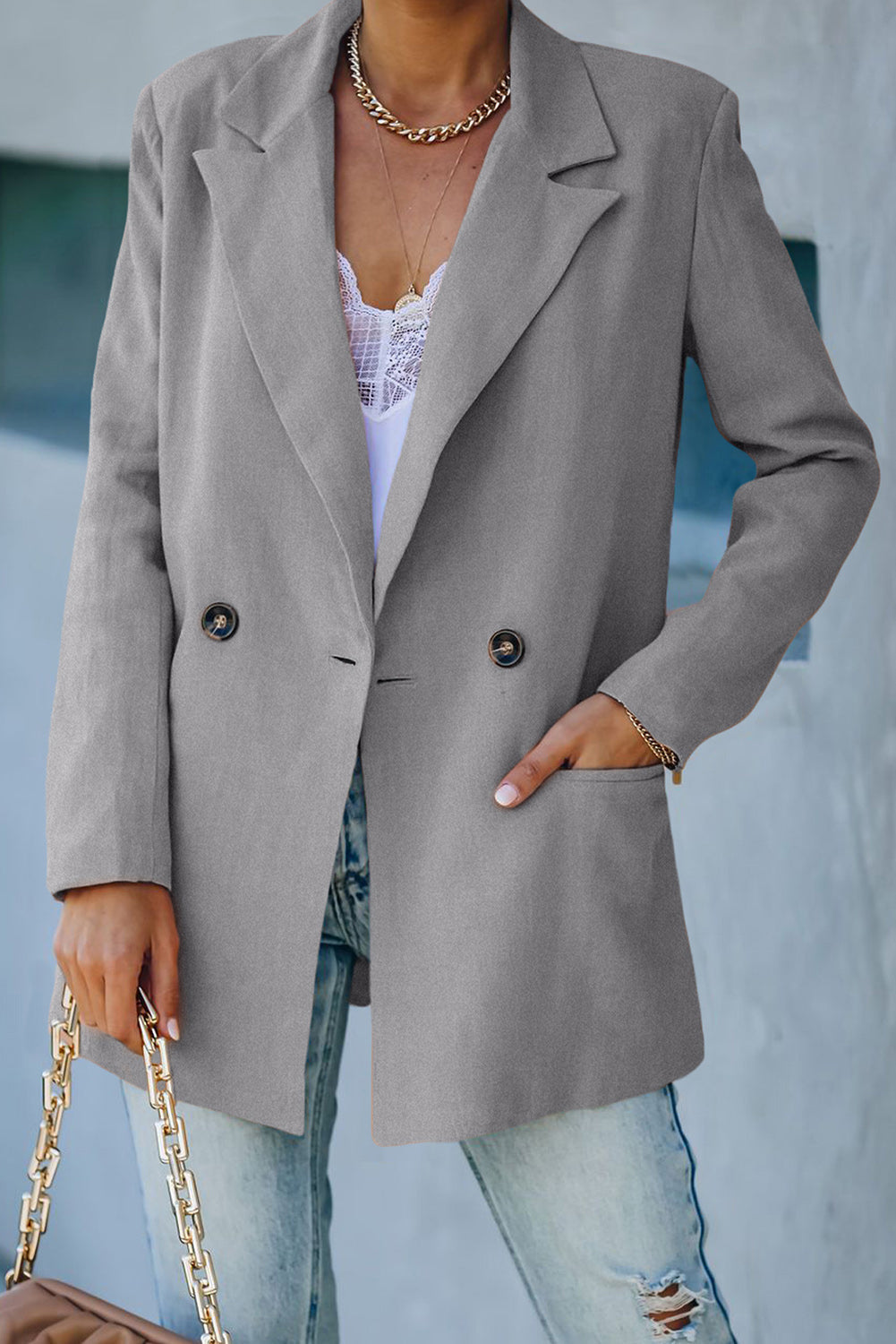 EB | Doppelreihiger Blazer mit gepolsterten Schultern und Taschen