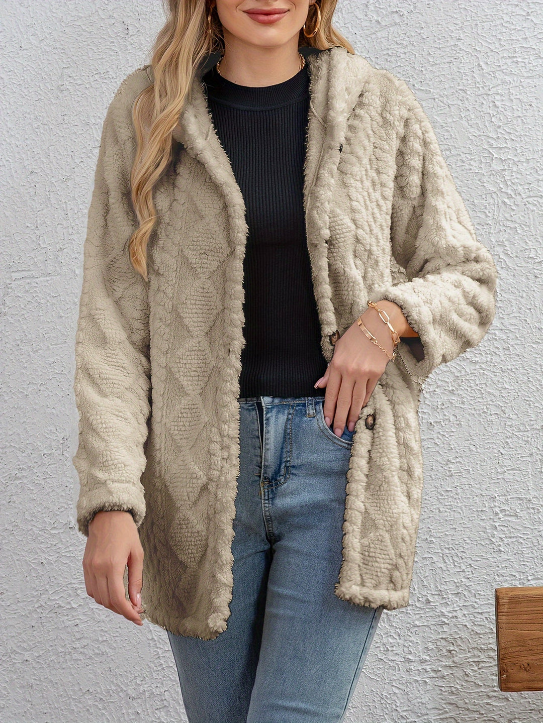 EB | Fluffy Kapuzenjacke mit Knöpfen Polyester Weich und Warm