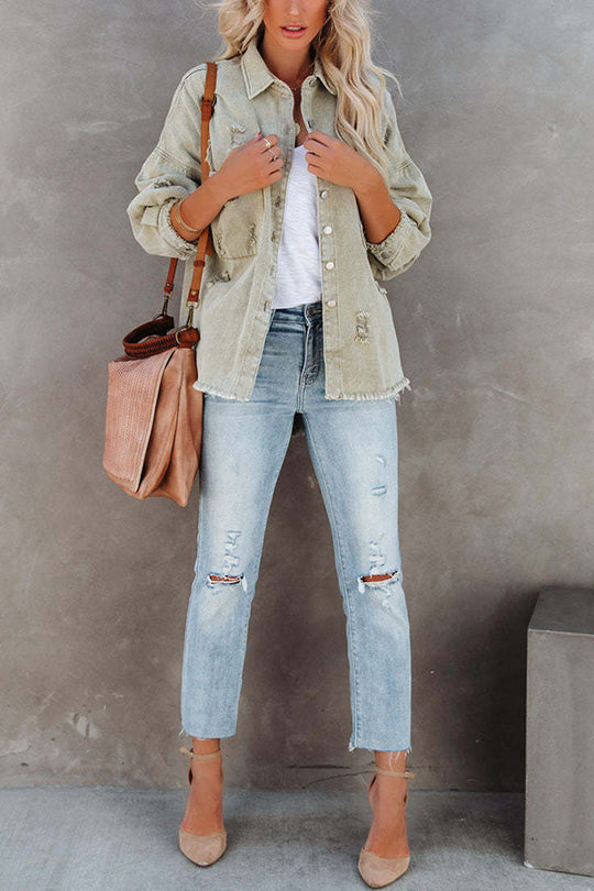EB | Revers Langarm Ripped Denim Jacke