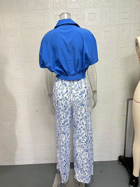 EB | Zweiteiliges Set mit V-Ausschnitt und Hose mit weitem Bein