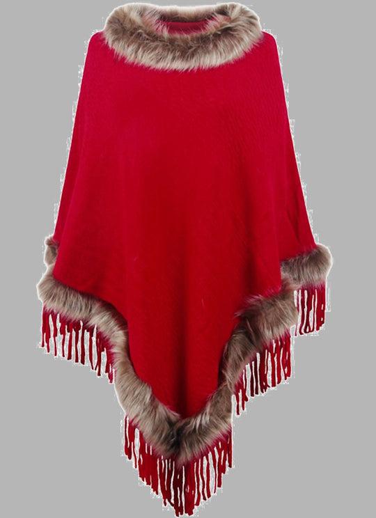 EB | Elegante Damen Poncho mit Pelzkragen und Fransen