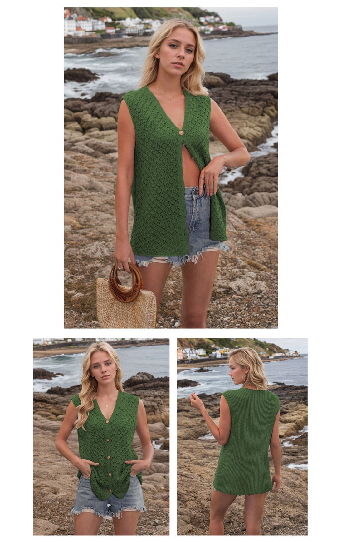 EB | V-Ausschnitt Knopf ärmellose Weste Strickpullover