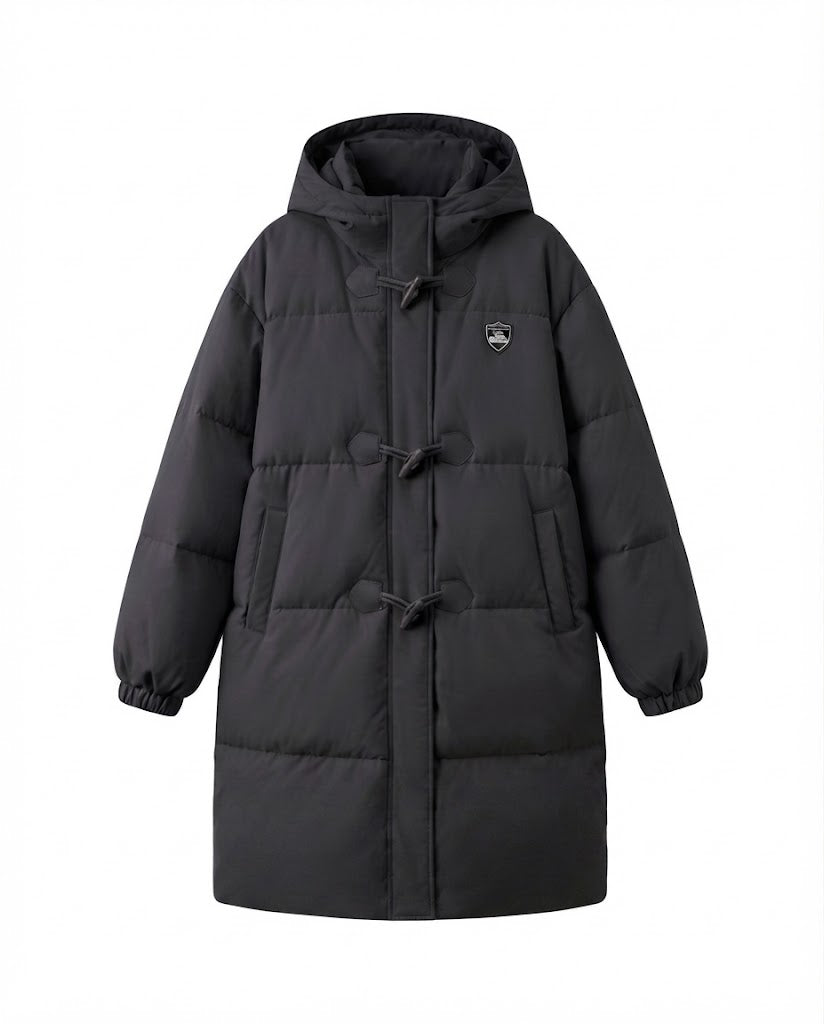 Damen nan lang geschnittener Thermo-Puffermantel mit minimalistischer Knopfblende, ergonomischem Stehkragen und großzügigen Eingrifftaschen EB
