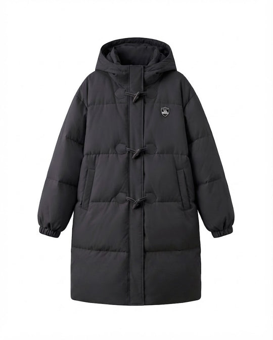 Damen nan lang geschnittener Thermo-Puffermantel mit minimalistischer Knopfblende, ergonomischem Stehkragen und großzügigen Eingrifftaschen EB