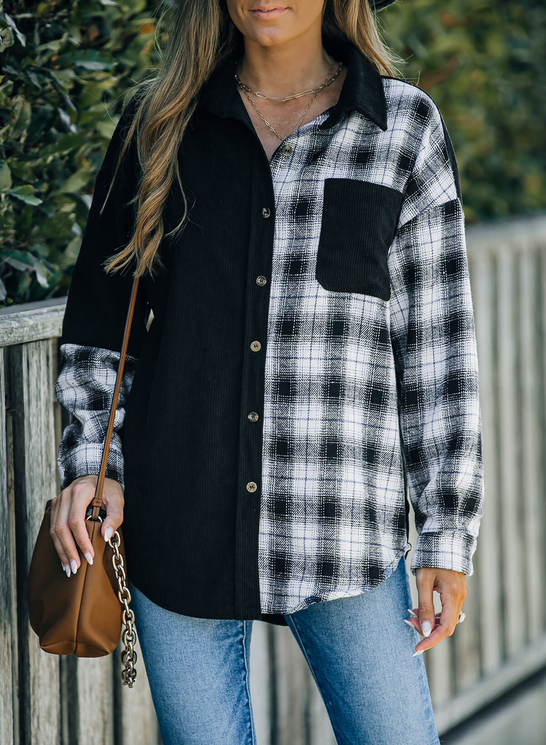 EB | Karierte Farbblock Gefallen Schulter Corduroy Shacket