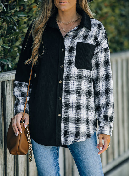 EB | Karierte Farbblock Gefallen Schulter Corduroy Shacket