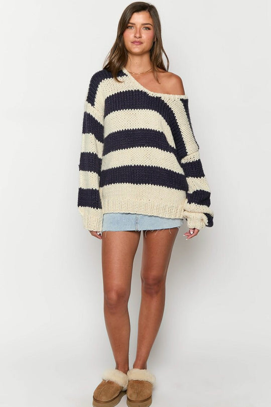 EB | Gestreifter Strickpullover mit Schulterfreiem Design Schicker Herbstpullover