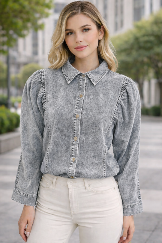 EB | Denim-bluse mit Puffärmeln Baumwolle Klassischer und Eleganter Stil
