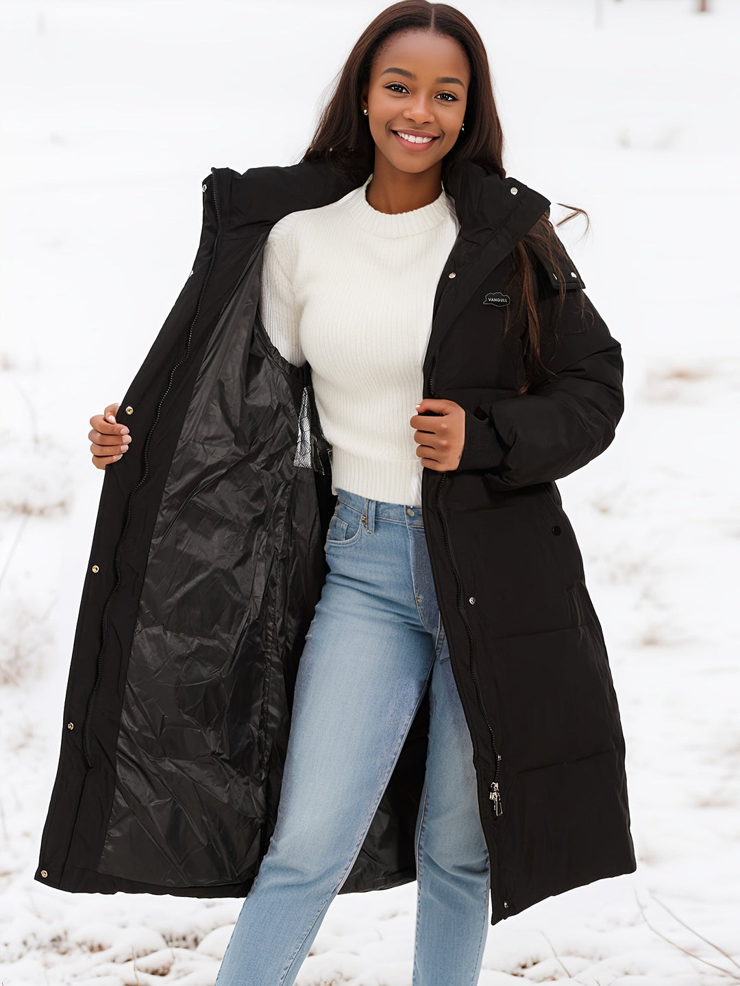 EB | Stylischer schwarzer Parka Wintermantel mit Kapuze und Futter Ideal für Herbst/Winter