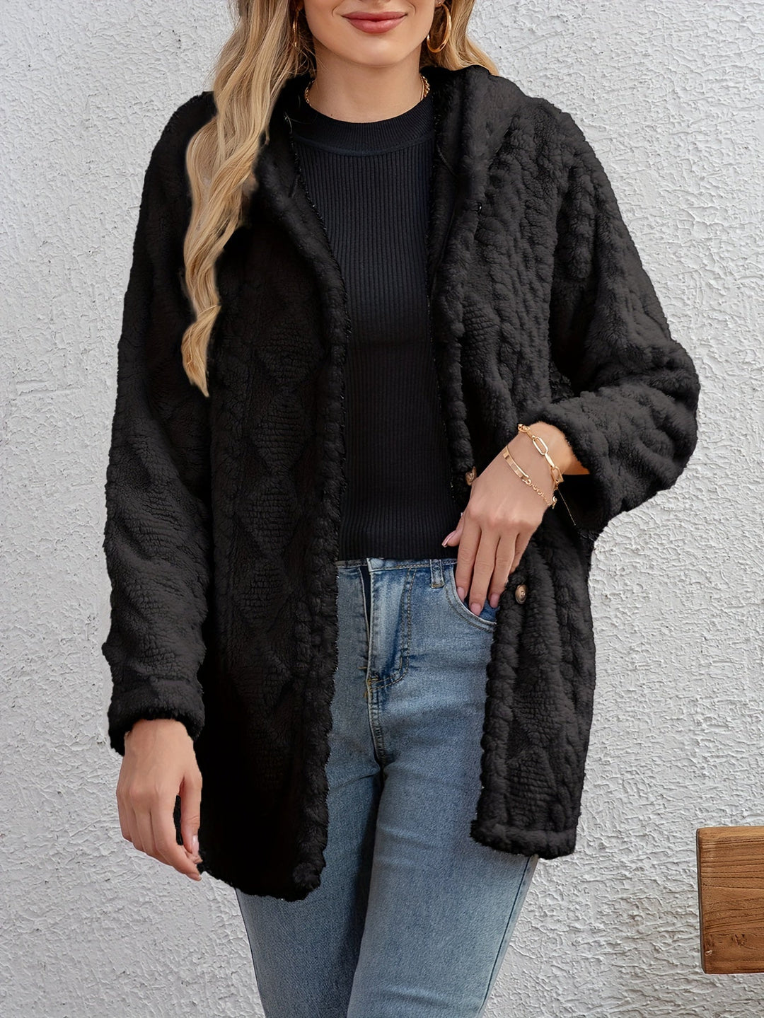 EB | Fluffy Kapuzenjacke mit Knöpfen Polyester Weich und Warm