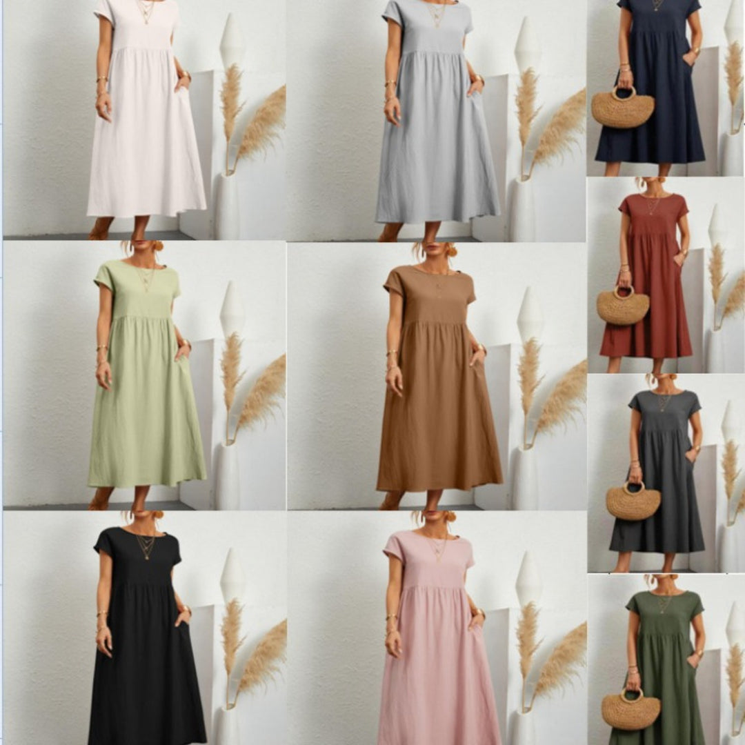 EB | Einfarbiges ärmelloses lockeres Taschenkleid