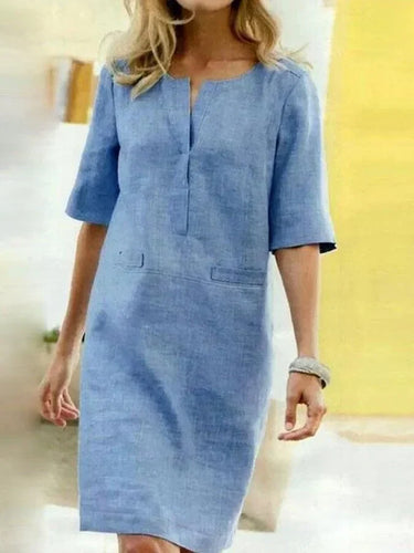 EB | Damen Kurzarm Baumwolle und Leinen Kleid