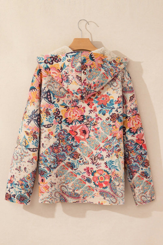 EB | Vintage Paisley Blumenbedruckte Sherpa Futter Kapuzenjacke