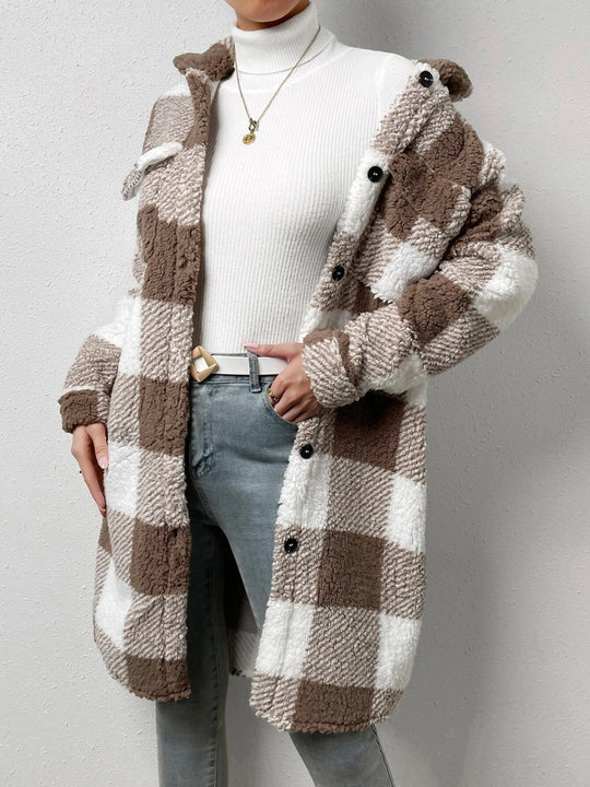 EB | kariert Jacke mit plüschigem Kragen und Knöpfen