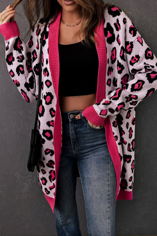EB | Leopard-Kontrastbesatz Offene Vorderseite Langarmlange Strickjacke