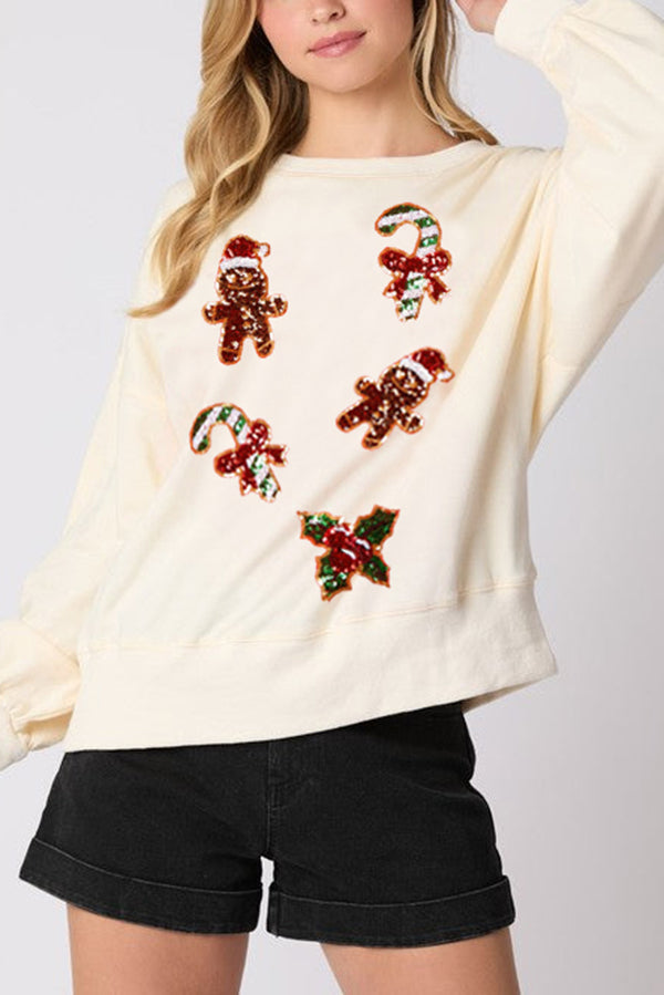 EB | Weihnachts Lebkuchenmann Paillette Lässig Langarm Sweatshirt