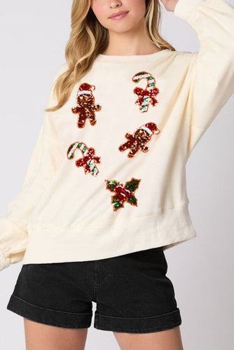 EB | Weihnachts Lebkuchenmann Paillette Lässig Langarm Sweatshirt