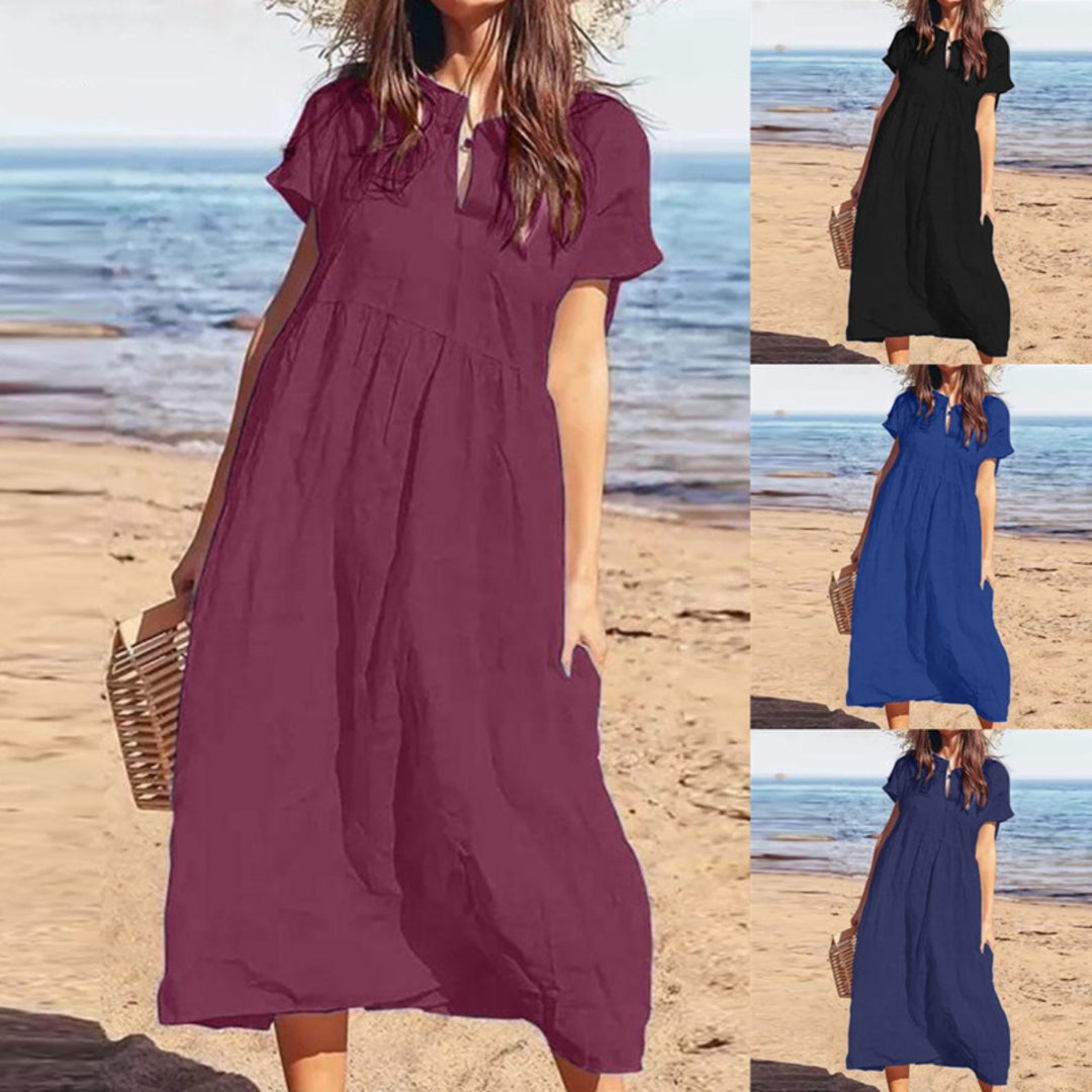 EB | Einfarbiges kurzärmeliges Freizeitkleid mit V-Ausschnitt
