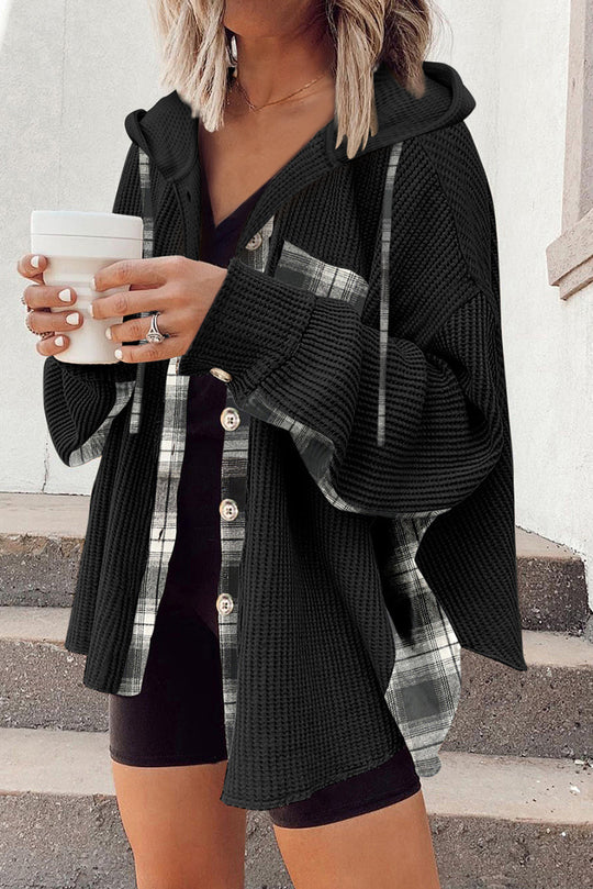 EB | Oversized Hemdjacke mit Kapuze Geripptes und Kariertes Design Bequem und Trendy
