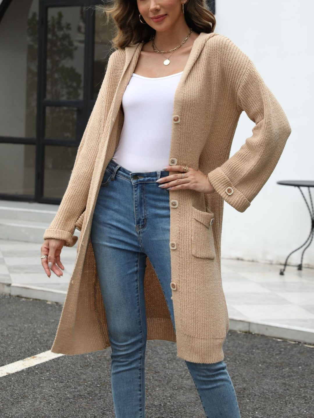 EB | Lange Strickjacke Knopfverschluss Zeitlos und Bequem